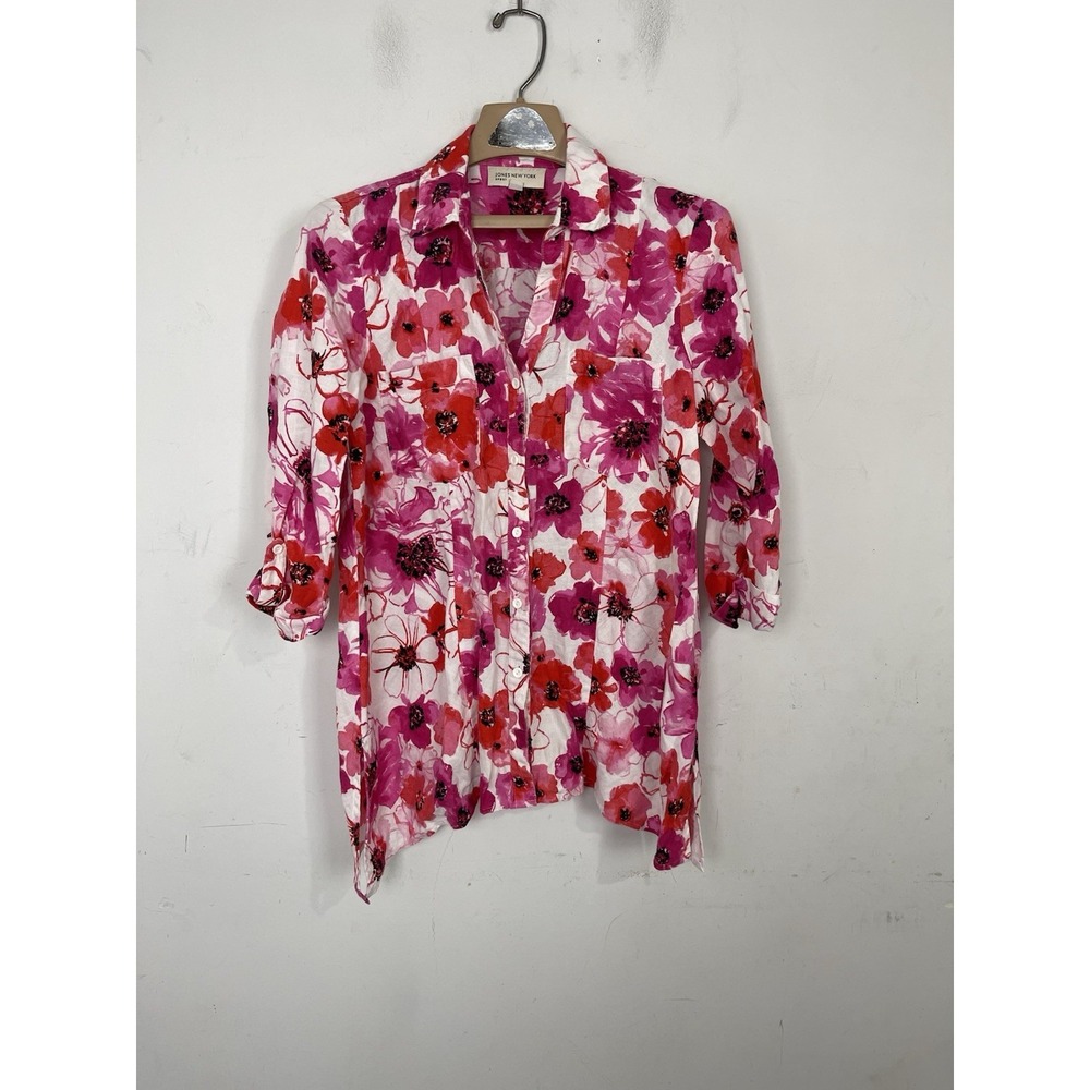 Jones New York Women Shirt Medium Pink Floral 100% Linen Tropical Button Up Prep
